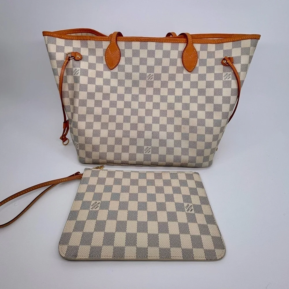 LOUIS VUITTON Damier Azur Neverfull MM With Pouch. Entrupy Verified Authentic